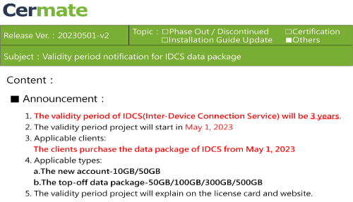 Validity period notification for IDCS data package
