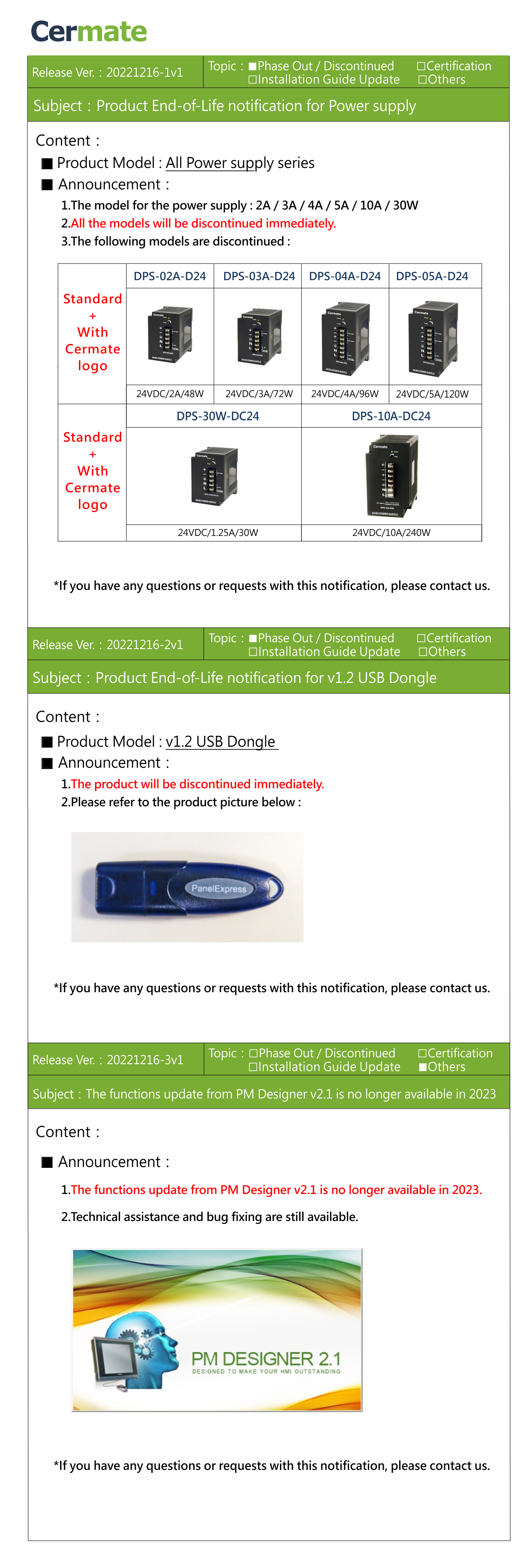 20221216_Product End-of-Life Notification for PS/USB dongle_pm21 updates is unavailable in 2023